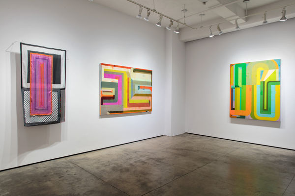 Installation shot of three works by Deborah Zlotsky. The left piece "A peculiar influence, subduing them into repetitiveness" was made from vintage scarves while the other two "Risk Masquerading as a promise" and "Love child" are oil paintings on canvas.