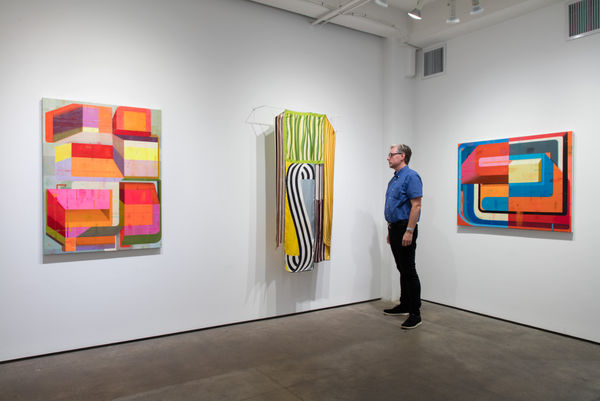 Installation shot of three works by Deborah Zlotsky. A visitor is looking at "Bandwidth" made from vintage scarves. The other two works "Detours and delays" (left) and "Sunshine Patriot" (right) are oil paintings on canvas.
