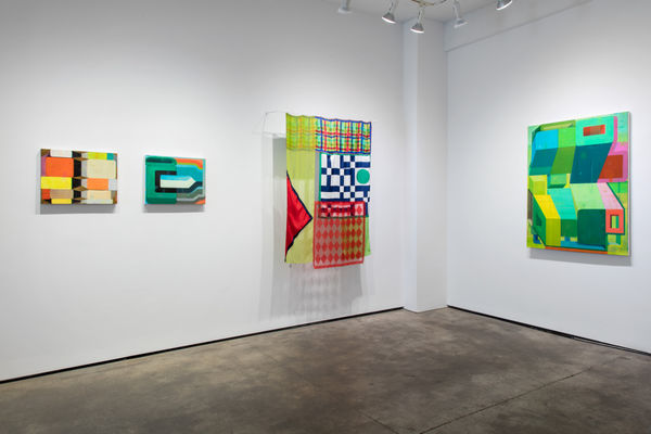 Installation shot of four pieces of art by Deborah Zlotsky. From left to right, they are "Yestermorrow", "Kummerspeck (Grief bacon)", "Stop and go" and "Loophole". "Stop and go" is made from vintage scarves. The rest are oil on canvas.