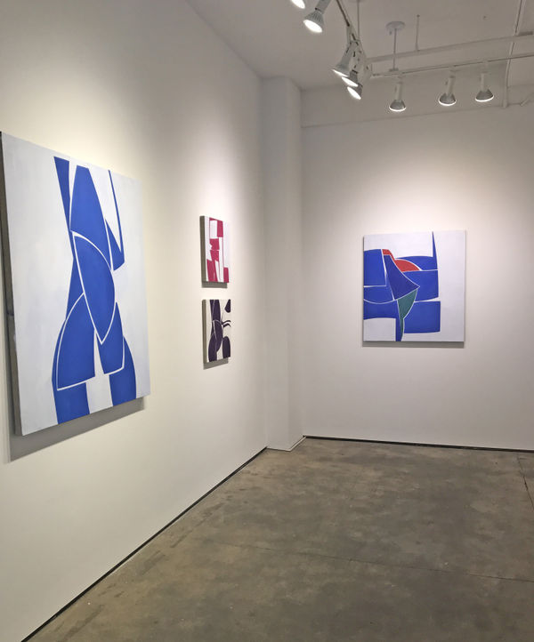 Installation shot of four oil paintings on linen by Joanne Freeman. From left to right, and top to bottom, the paintings are "Midnight Lace", "Space_18_2", "Space 17 Summer 7" and "Memory Train".