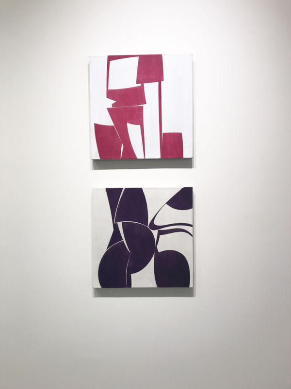 Installation shot of two oil paintings on linen by Joanne Freeman. From top to bottom, the paintings are "Space_18_2" and "Space 17 Summer 7".