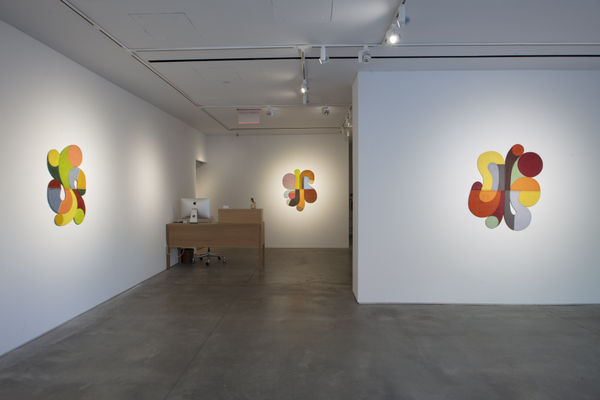 Photo of an exhibition, with three works visible on the walls. They are curvilinear flat sculptures. There is a desk with computer towards the back of the room, with a doorway behind it to the left.