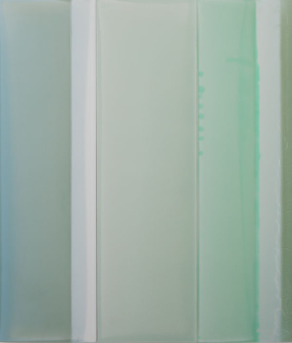 Susan English's "Thirds No. 1" done with tinted polymer on panel. This artwork is a simple vertical design done in shades of green, though it looks more muted. If the work was seen from a viewer's perspective, it resembles wall or floor tiles.