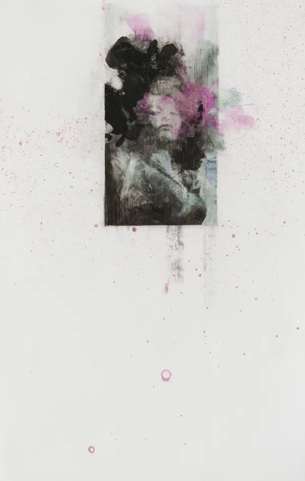 SUZANNE LAURA KAMMIN PAM, 2018 mixed media on paper 11 x 7 in. On a white background, there is a blurry black and white image of a woman contained within a small rectangle. Splashes of blue and pink paint overlay the image and background.