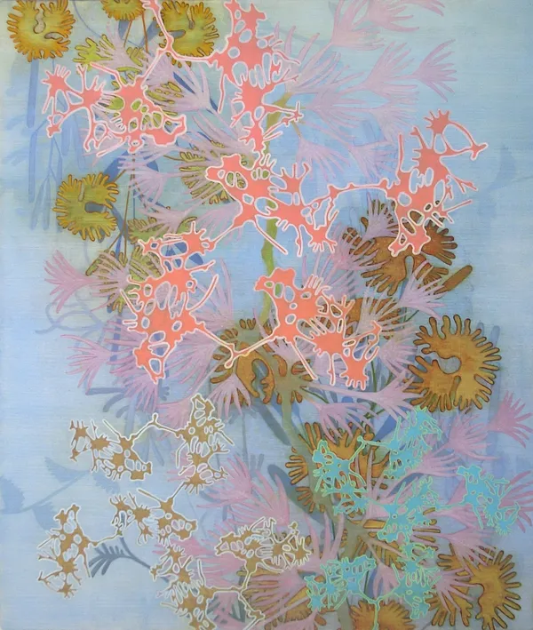 Abstract painting on canvas in different shades of pink, green, blue and purple. The painting depicts groups of plants that continue to recede to the distance with each group of differently colored plants creating an illusion of depth. The plants become m