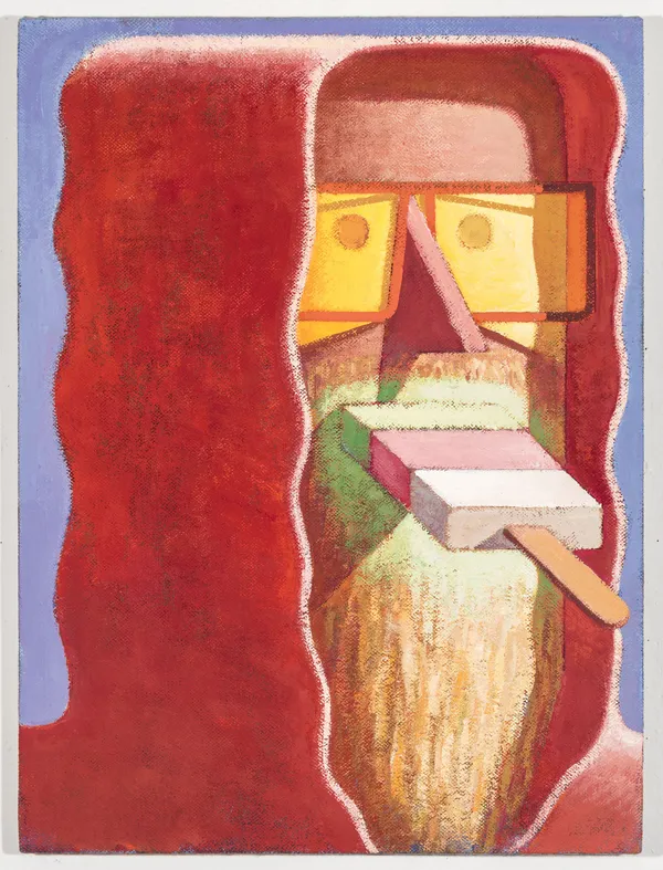 Vibrant abstract painting on canvas in shades of red, blue, yellow, pink, green and white. The painting is more of a caricature of a hooded man with a popsicle in his mouth without holding it with his hands. His head is exaggerated in a long oval shape.