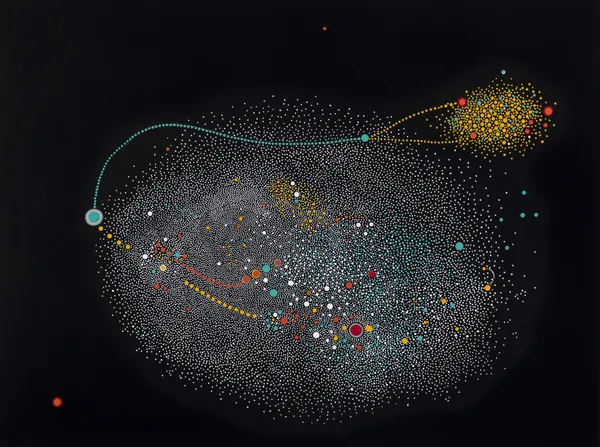 Paula Overbay's "Buoy" done with acrylic on panel in shades of black, blue, red, orange, gray and white. The painting depicts a view of the solar system. The placement of all the small particles is creating an illusion of space.