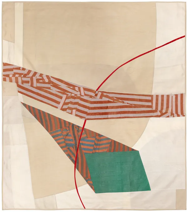 Debra Smith's "Silence is Unclear 2" using piece vintage silk with colors being beige, red and green. The art piece resembles a collage of different silks pieces put together with two small pieces have more patterned textures.