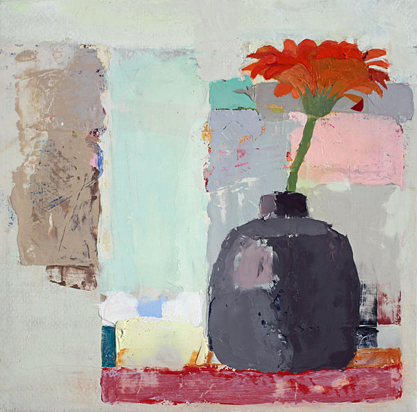 Sydney Licht's "Still Life with Red Flower" oil painting on panel in various shades of red, gray, light blue, pink and tan. The still life depicts a large flower in a vase in a setting of muted colored walls. The flower in the foreground has more detail.