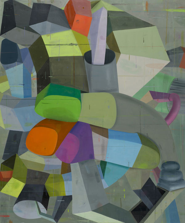Deborah Zlotsky's "Pittsburgh left" oil painting on canvas in various shades of gray, green, red, purple and blue. The painting depicts several three dimensional surreal shapes that gives a sense of cubism and depth with the shapes overlapping each other.