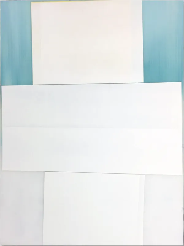 Switch (Backside Smith), 2016. Blue background with two large white perpendicular rectangles intersecting across the picture plane,