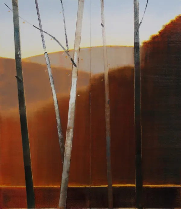 Stephen Pentak: 2017, II.I, 2017. Fall landscape with red hills in the background and birch trees in the foreground.