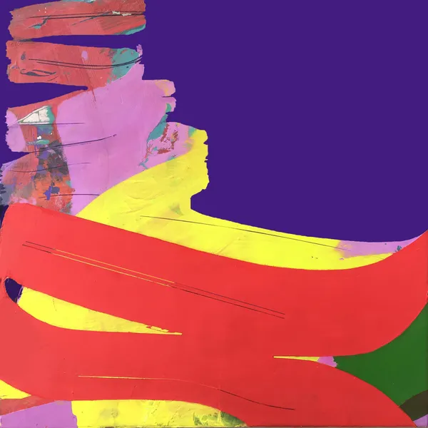Abstract painting on canvas mainly using flat warm colors. There are small strokes of pink and red that have designs, which look like they were from a separate painting, that is now overlapped by flat layers of purple, red, yellow and green.