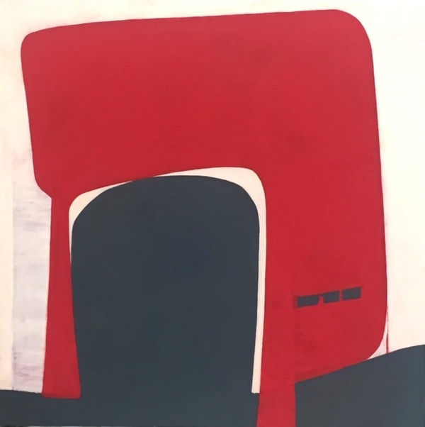 Fran Shalom's "Foothold" oil painting on canvas in various shades of red, gray and purple. The painting is an abstract depiction of a foothold that is on a gray platform. From perspective, the painting is simple and modern.