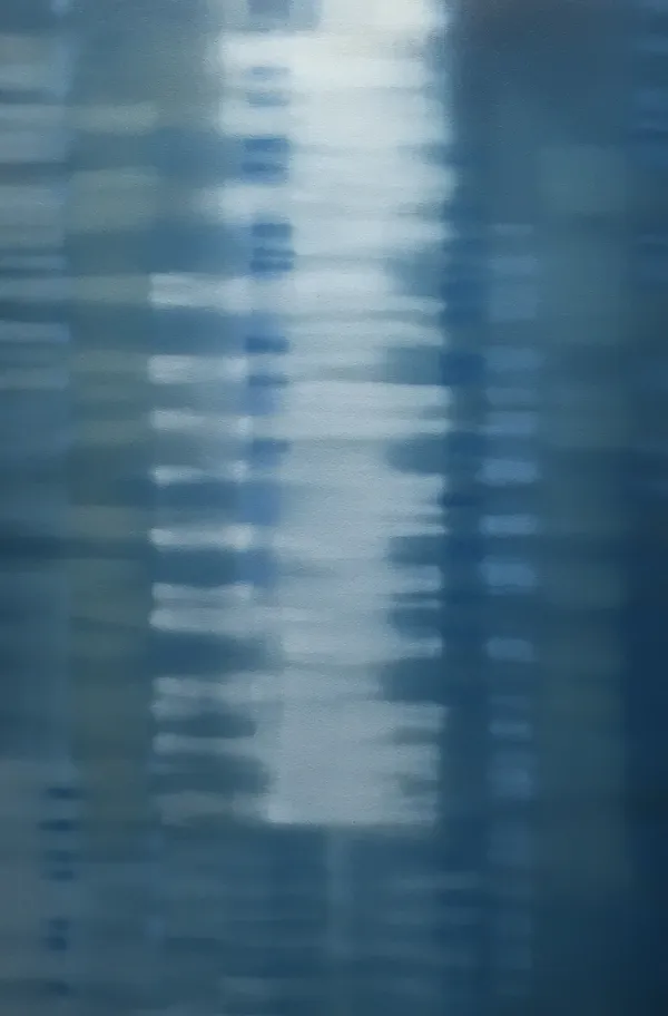Painting on canvas in various shades of blue, cream and white. The painting is a close up perspective of water that has a reflection of light shown by the narrow center between two other reflective objects. The reflection is creating an illusion of form.