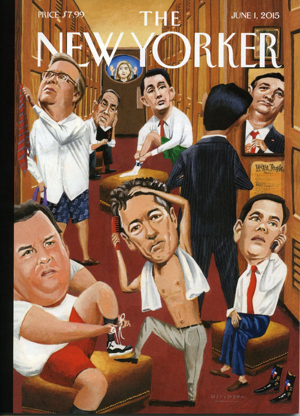 Magazine cover for The New Yorker showcasing caricatures of everyday men.