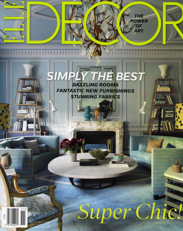 Magazine cover for Elle Decor showcasing several furniture in a luxury blue room.