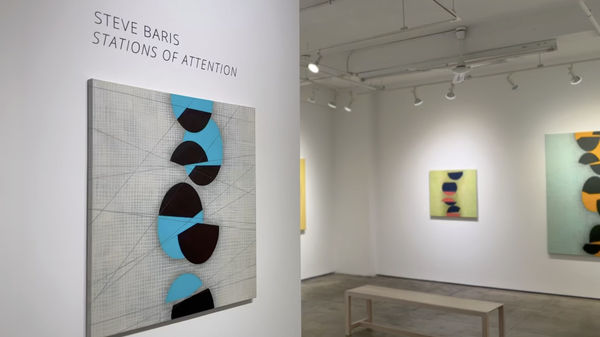 Gallery walls featuring abstract geometric paintings by Steve Baris from the exhibition Stations of Attention.