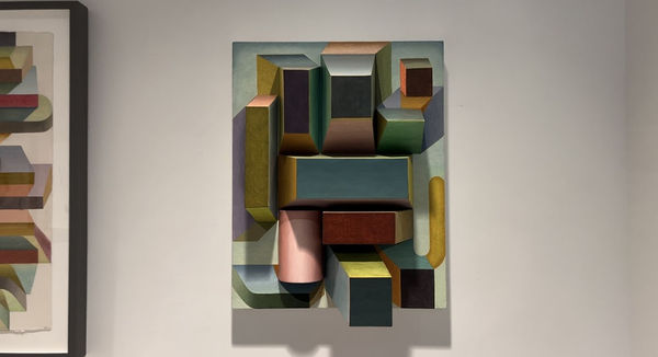 3D abstract painting by Meg Hitchcock on a wall.
