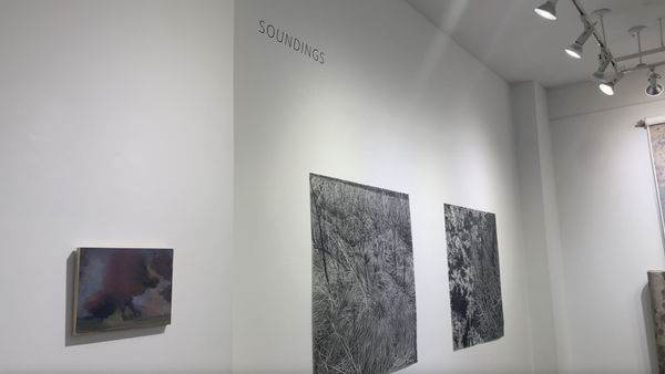 Abstract painting and two charcoal nature drawings on gallery wall