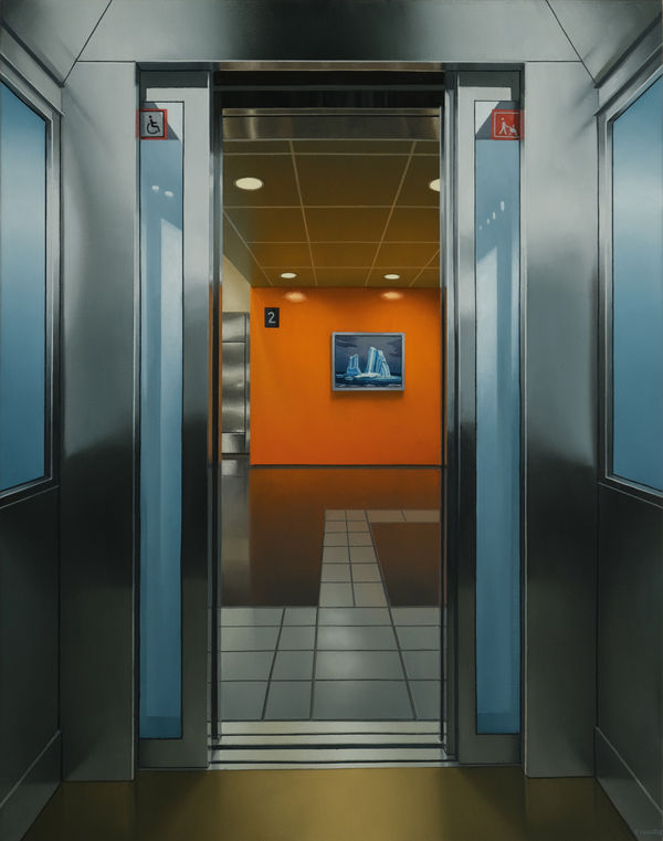 PETER HARRIS Elevator with Harris, 2023 oil on canvas 28 x 22 in.