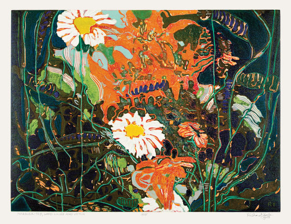 RICHARD YORK Marguerites, Wood Lilies and Vetch, 2023 original signed colour reduction woodcut 18 x 24 in. ed. 15