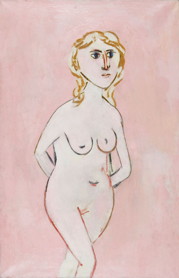 Standing nude on a pink ground Dated Sept’ 1951 verso Oil on canvas 36 x 24 inches