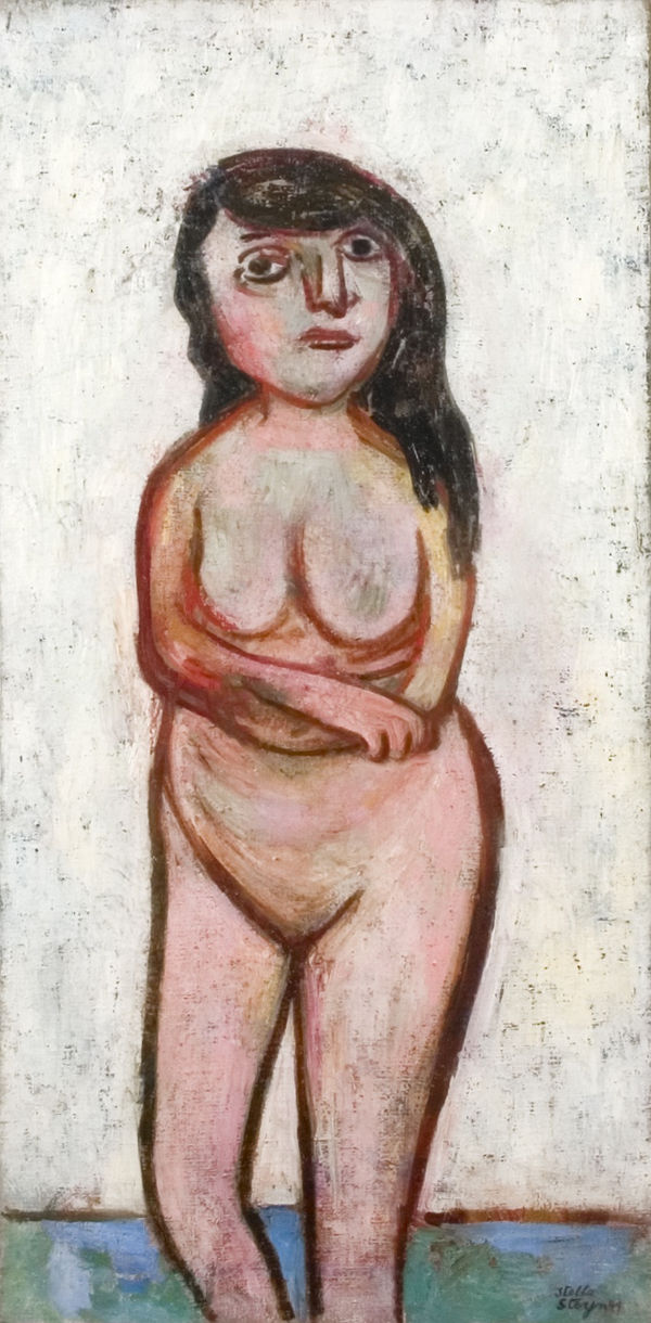 Standing nude on a white ground Signed and dated 1949; inscribed with title verso Oil on canvas 42 x 20 1/2 inches