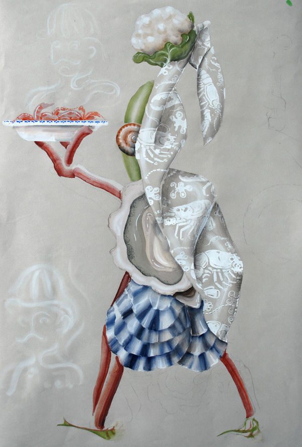 John Kindness Shellfish woman Gouache on tinted paper 58 x 39cm