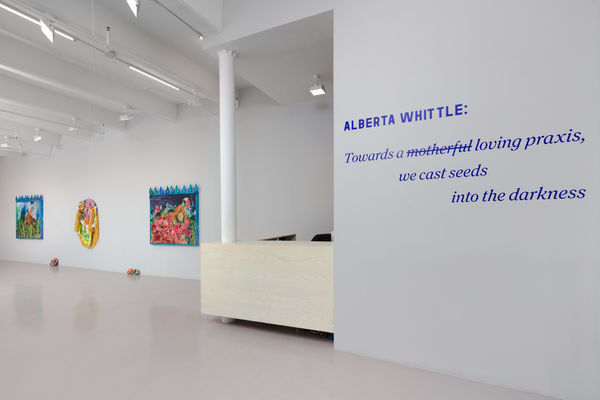 Installation view of Alberta Whittle: Towards a m̶o̶t̶h̶e̶r̶f̶u̶l̶ loving praxis, we cast seeds into the darkness at Nicola Vassell Gallery. Photo: Lance Brewer
