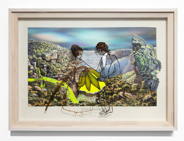 JOAN ROSS Imagine if they'd cared (Possession), 2023 oil paint on stretched PVC with hand-coloured pigment print backing 80.5 x 111 cm