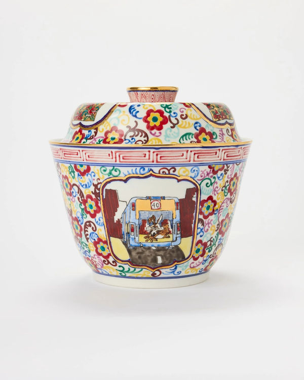 Casey Chen American car culture 1, 2025 glazed porcelain, ceramic colourants, enamels, and gold lustre; fired 5 times 22.5 x 25 x 24.5 cm