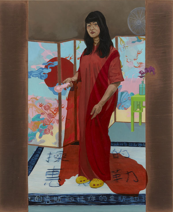 Natasha Walsh Princess of the Pink Plastic Hand-Held Fan, 2023 oil on copper 36.5 x 30 cm Sitter: Louise Zhang Reference: James Whistler, The Princess from the Land of Porcelain (La Princesse du pays de la porcelaine)