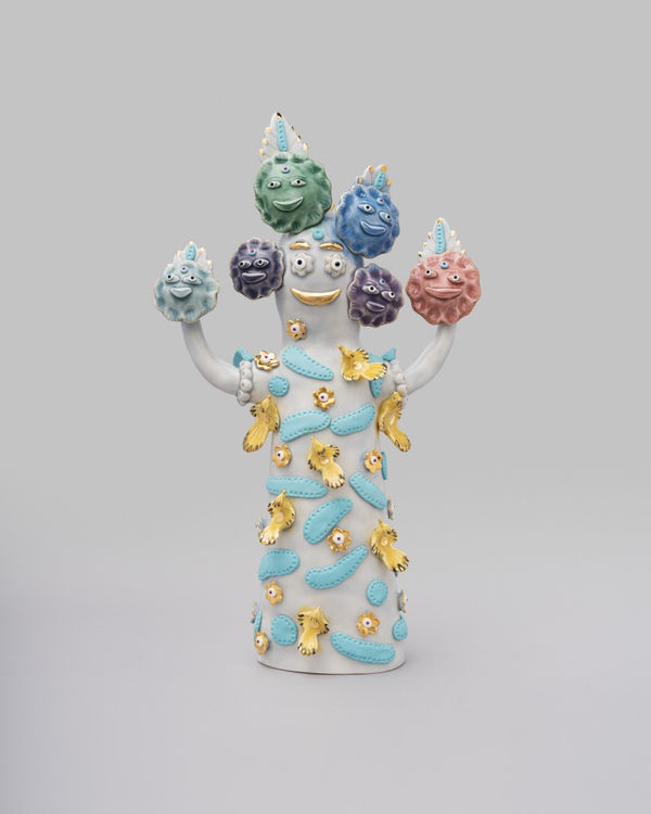 Vipoo Srivilasa Faces of Fortune, the Deity of being rich!, 2025 glazed porcelain, gold lustre and mixed media 48 x 29 x 12 cm