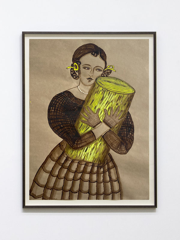 JOAN ROSS Don't leave me, 2021 hand-spun Barbie hair, acrylic & ink on card 111.5 x 85 cm (framed)