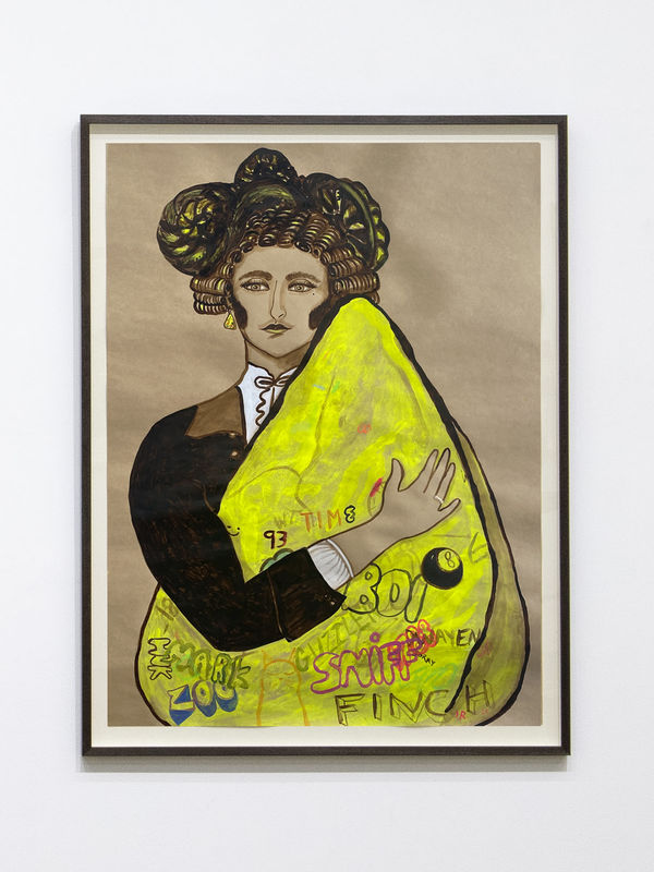 JOAN ROSS You are my rock, 2021 hand-spun Barbie hair, acrylic & ink on card 111.5 x 85 cm (framed)