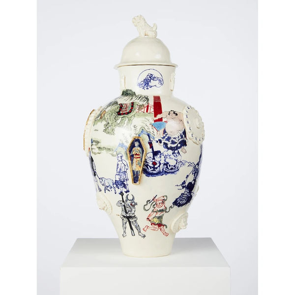 Casey Chen Homage To Grayson Perry, 2020 glazed stoneware, enamels and lustre 55 x 30 x 30 cm