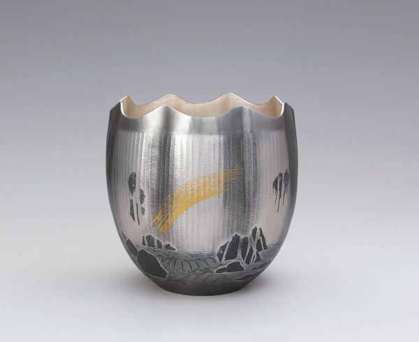 Silver Vase "Bakufu" (Waterfall), 2011 Hammered silver with nunomezōgan (textile imprint inlay) decoration in lead and gold h. 10 x dia. 9 7/8 in. (25.5 x 25 cm)