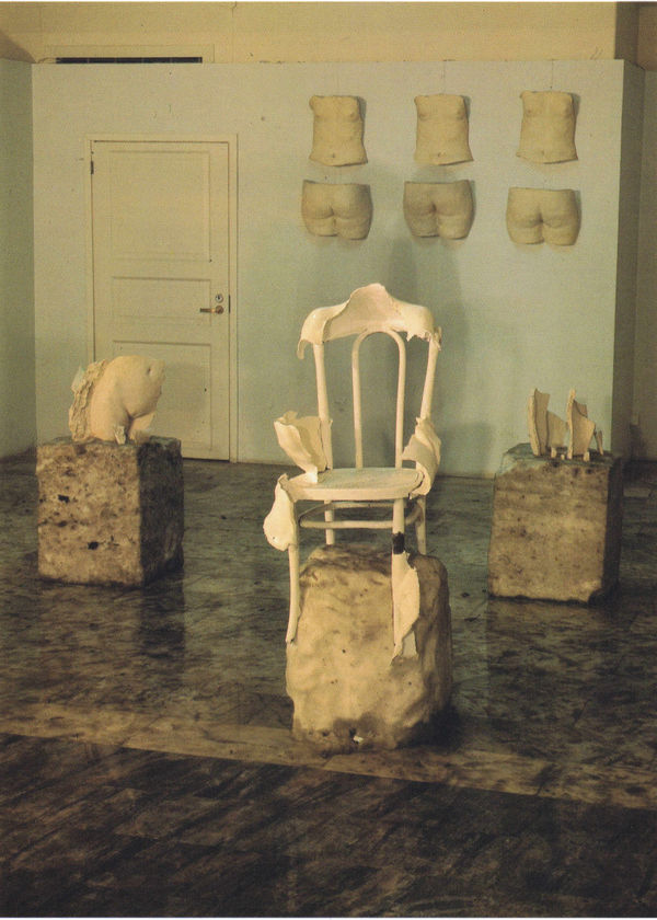Patricia Cox "Here the chair is transformed into its opposite. Right before our eyes it is losing its identity with itself experiencing a sort of genetic mutation and wrapping itself in the frozen, patrified dress of layers that had fallen off human body" (S. Kuskov), 1991