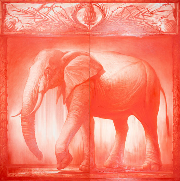 Egor Koshelev Our elephant (diptych), 2025 oil on canvas 300 х 300 cm (main), 300 х 150 cm (each)