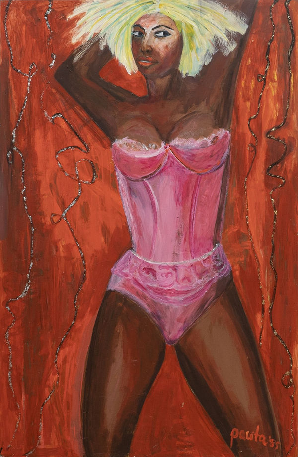 What's Love Got to Do With It, 1985 Oil, acrylic, glitter collaged on paper glued on board 54 x 35 in 138 x 90 cm