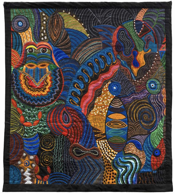 Masquerade, 1988 Acrylic, oil, glass, plastic buttons on stitched and padded canvas 74 x 64 in 188 x 162 cm