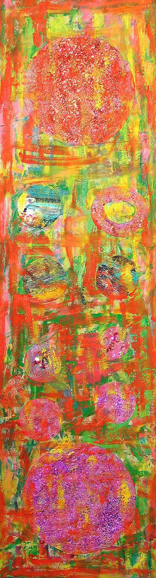 Orange Ball, 2004 Oil, painted cloth, sequins collaged on board 30 x 8 in 75 x 21 cm