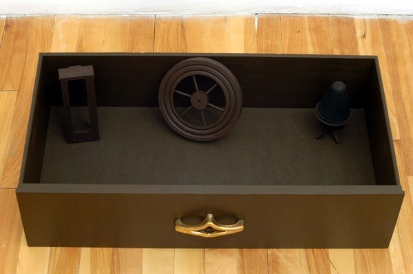 John Latour, Untitled, 2002, wooden drawer, found objects, acrylic paint 17 x 67,5 x 35 cm