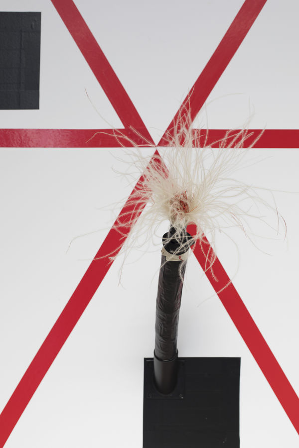Iz Oztat Pleasure/Sizzle 2 2019 Needles, thread, whisk, feathery plant, parchment, tape, cardboard toilet paper tubes, wall mount 60 x 30 x 5 cm