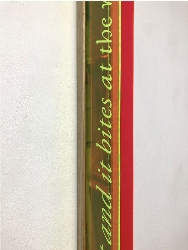 Jyll Bradley Scion 2024 Etched ﬂuorescent live-edge plexiglass,ash wood 168 x 11 x 11cm