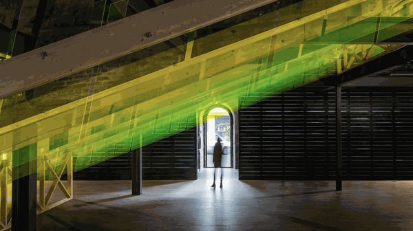 Pardes, (2021) The Warehouse, The Fruitmarket Gallery, Edinburgh, Scotland. Sculpture installation Fluorescent green Plexiglas, mirrored Plexiglas, wood 16m (L) x 6.5m (H) x 8m (W)