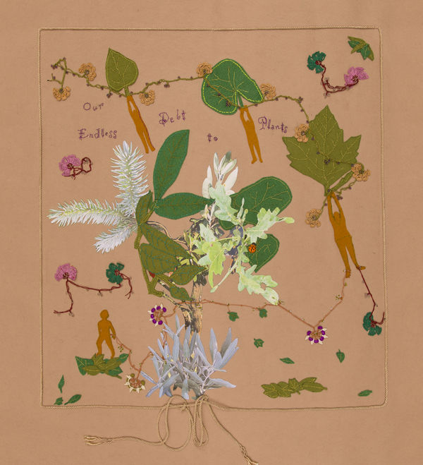 Our Endless Debt to Plants 2020 Needlework, crocheted flowers, paper, felt 100 x 84 cm