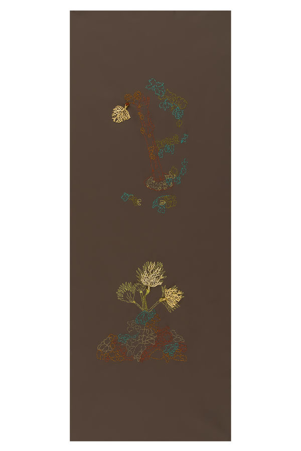 Secret Gardens 2 2020 Needlework panels, metal leaves, cloth 78 x 30 cm