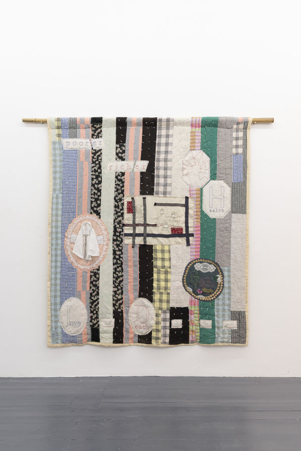 Nancy Atakan Challenging Cliché 3 (Quilt with Wedding Vows) 2019 Cloth, lace, fake jewels, needleworks 187 x 173 cm